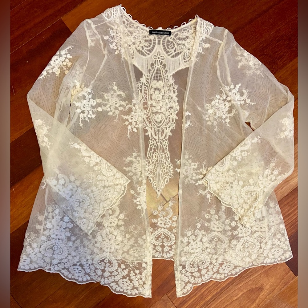 You Are Not Alone off white Sheer Lacey Cardigan, cover-up. Size M